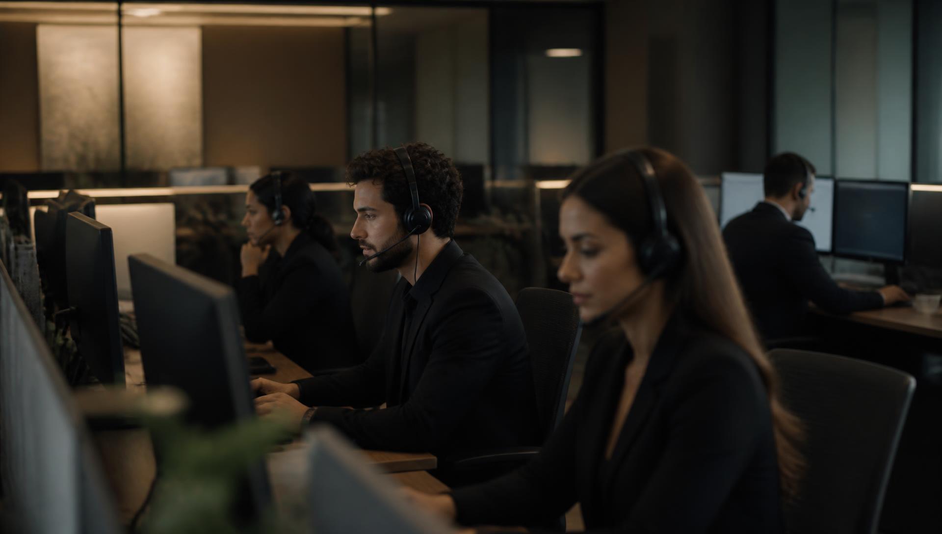 Equipe corporativa usando headsets em central de atendimento
